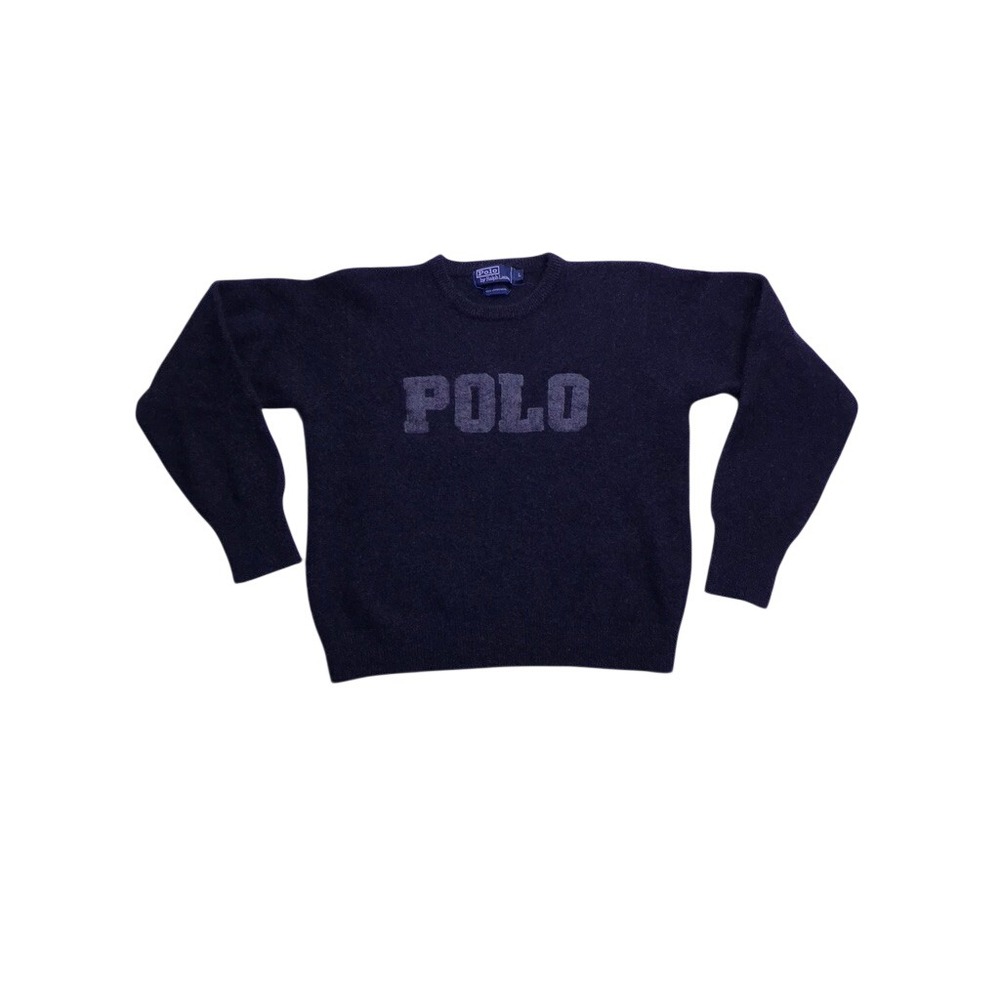 Polo Ralph Lauren Sweater Mens L Black Lambswool Spellout Crewneck Pullover